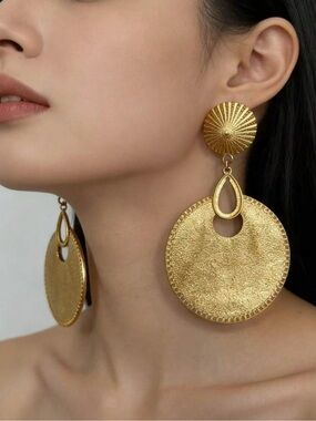 Gold Textured Drop Disc Earrings - Women Jewelry